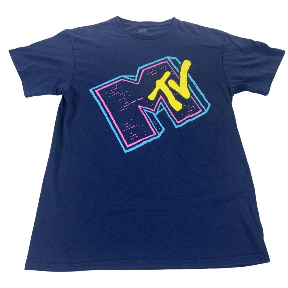 MTV Neon Logo Graphic‎ Tee Blue Retro 80s Style M